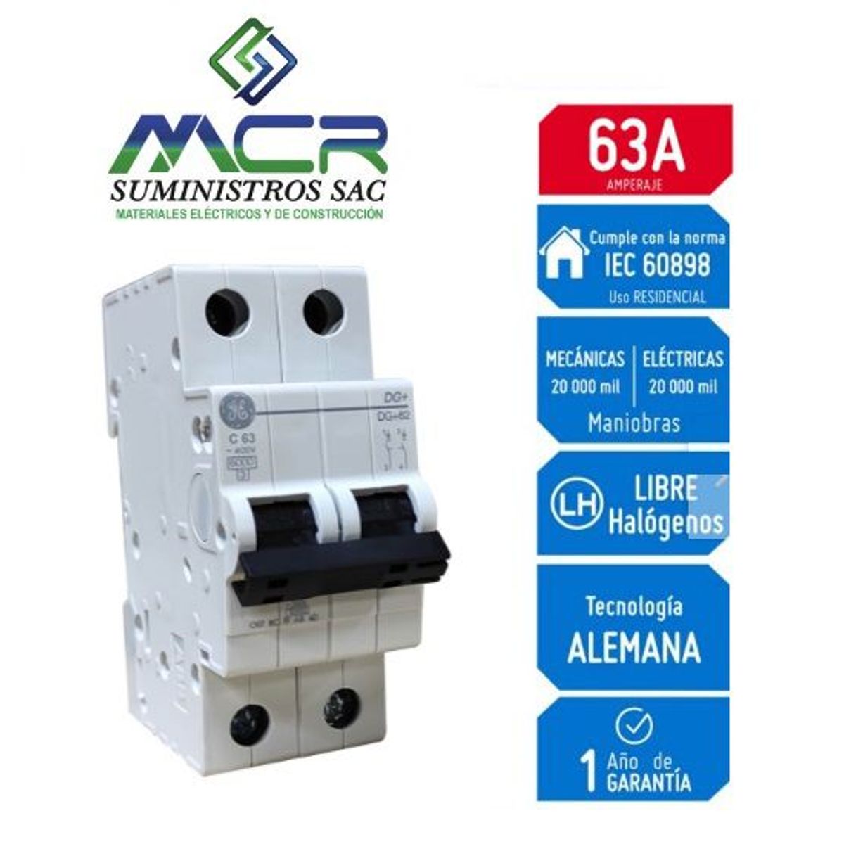 GENERAL ELECTRIC - INTERRUPTOR TERMOMAGNETICO RIEL DIN 2X63 AMP 230V 6KA GENERAL ELECTRIC