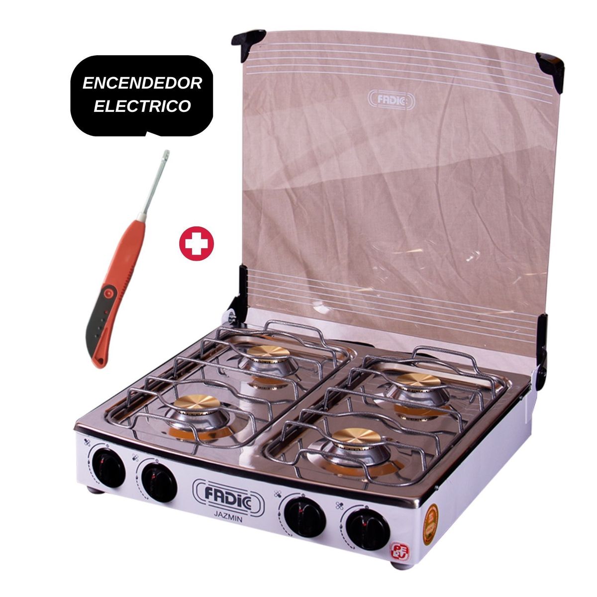 FADIC - COCINA DE MESA 4 HORNILLAS TOTAL ACERO INOX TAPA DE VIDRIO JAZMIN 20" + Encendedor de Cocina