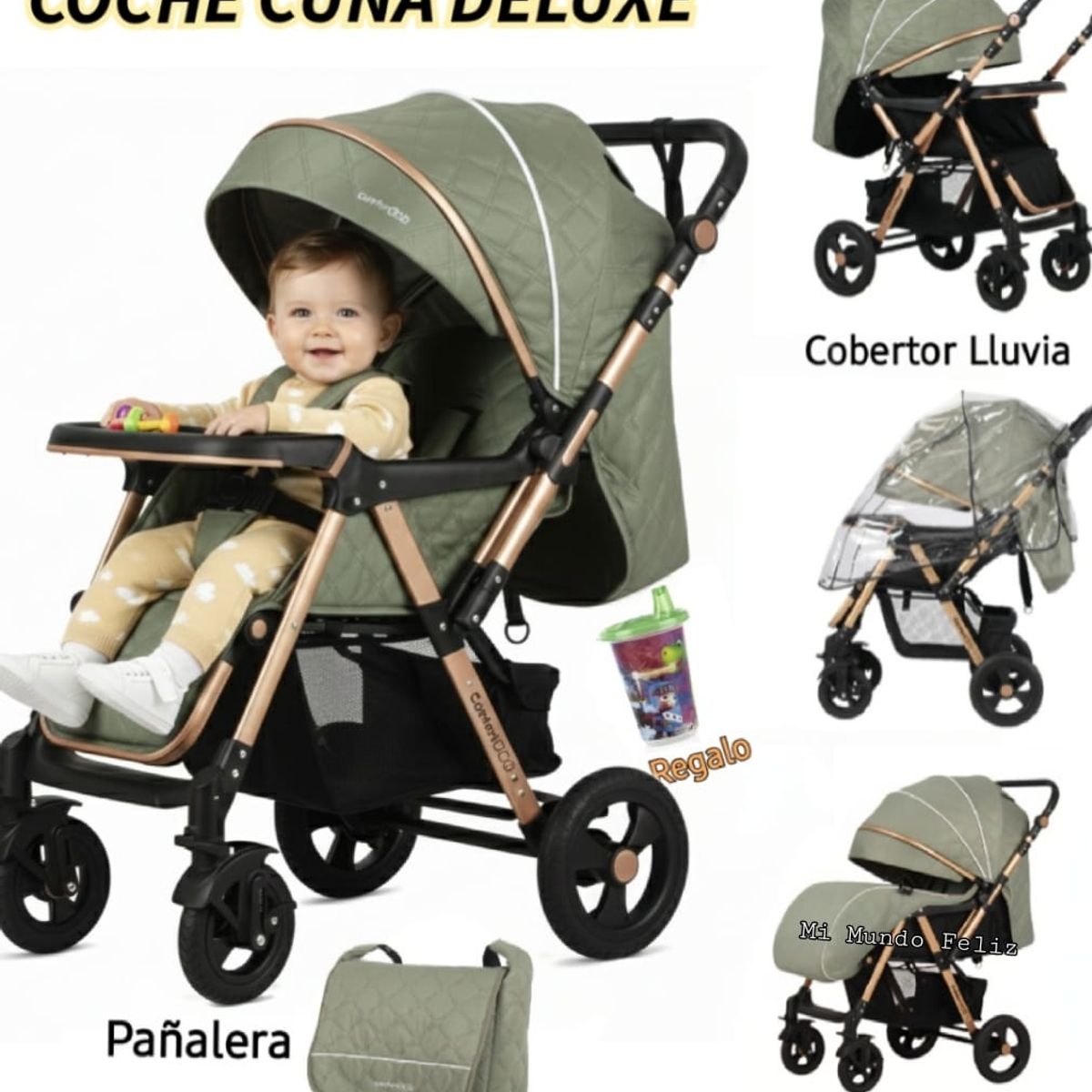 BABY HAPPY - Coche para Bebe Amplio con Cubrepies Gold Green