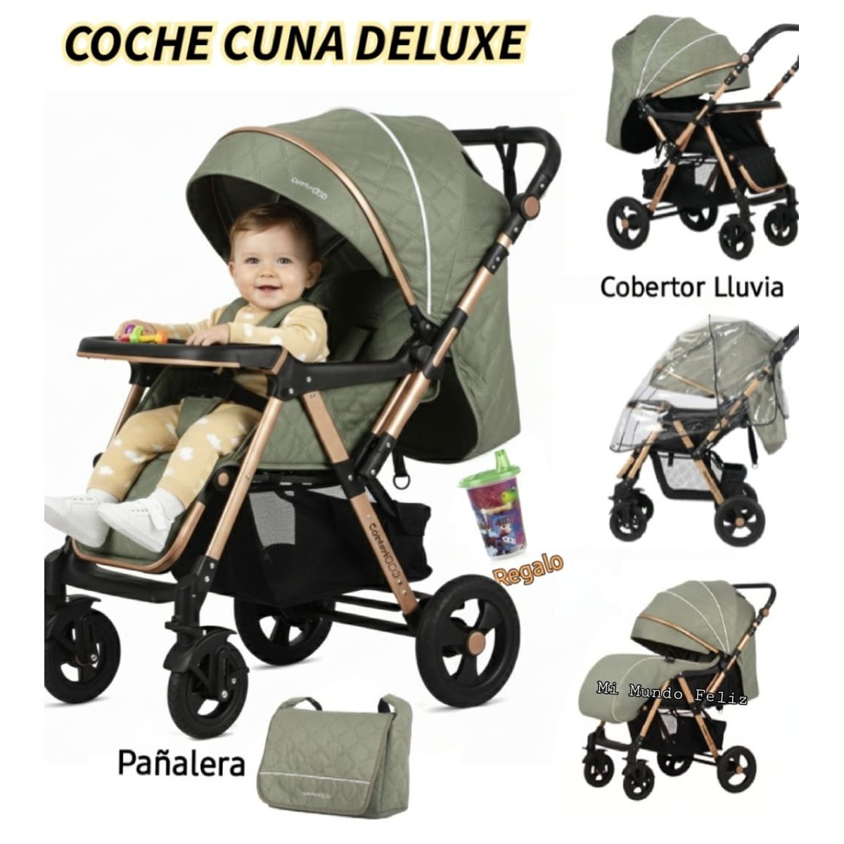 BABY HAPPY - Coche para Bebe Amplio con Cubrepies Gold Green