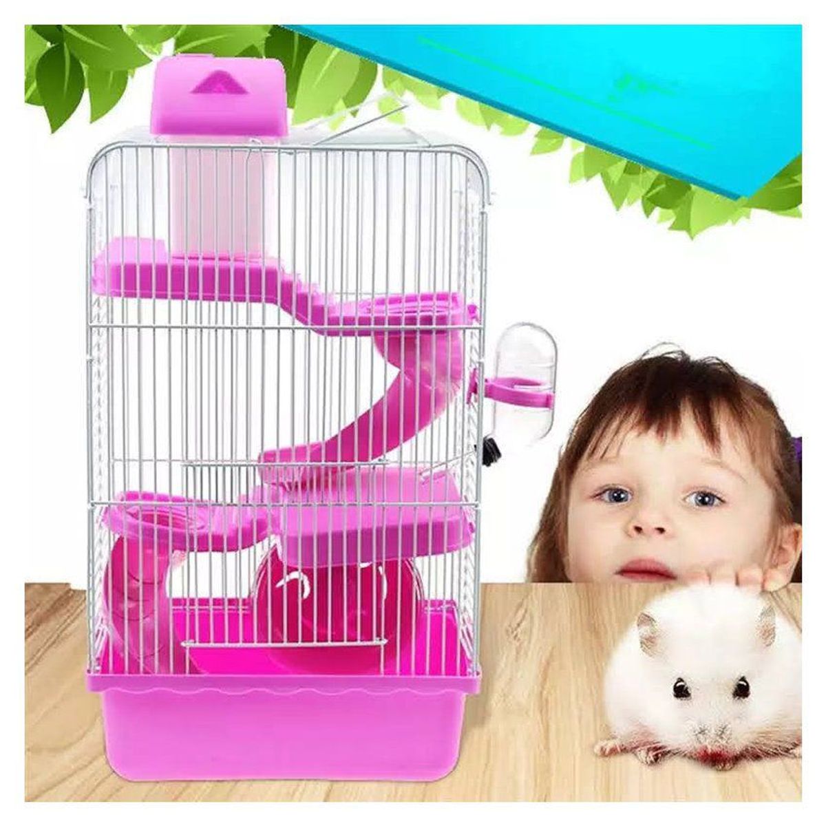 GENERICO - Jaula para hamster 3 niveles pisos roedor rosa