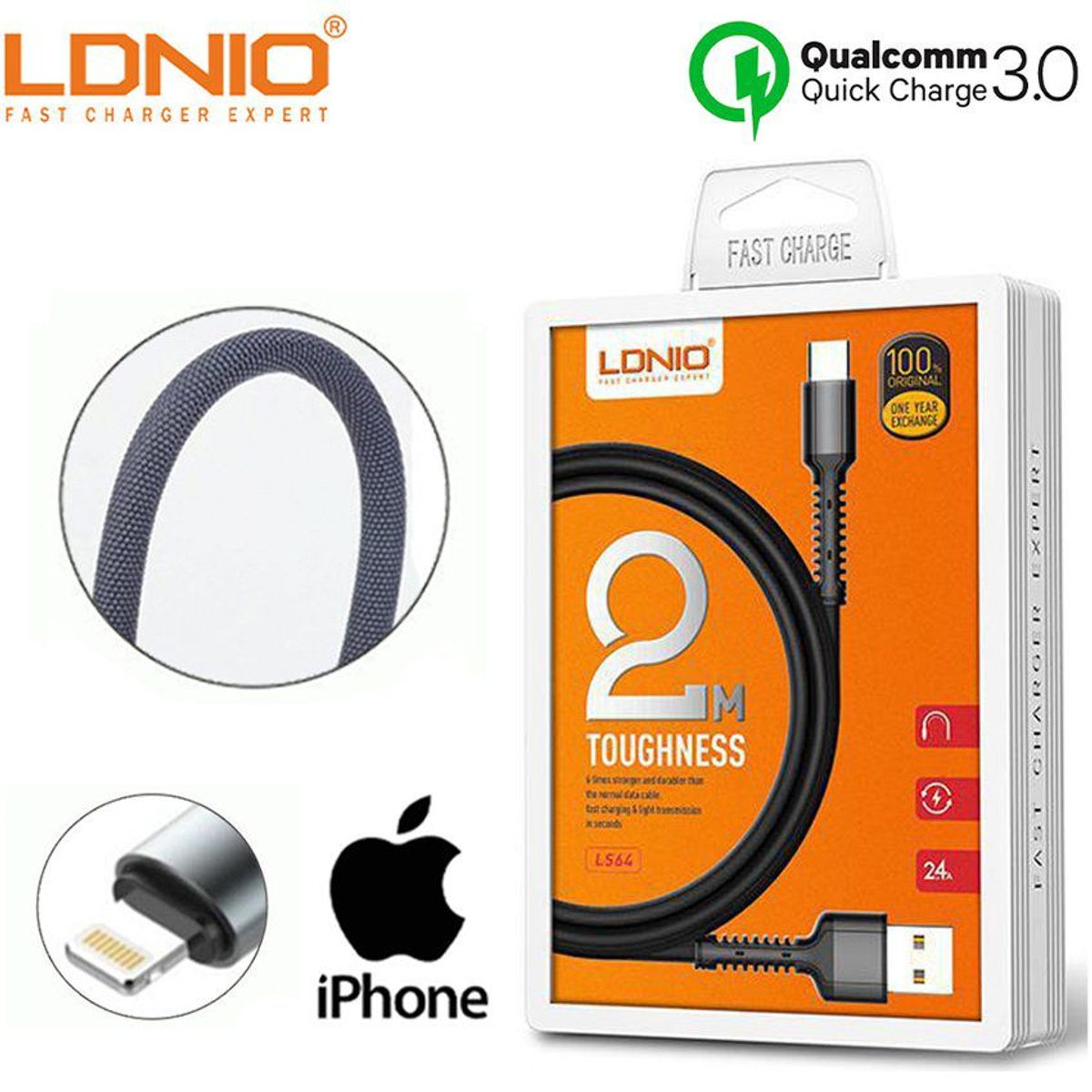 LDNIO - Cable usb iphone anti quebraduras de 2 metros