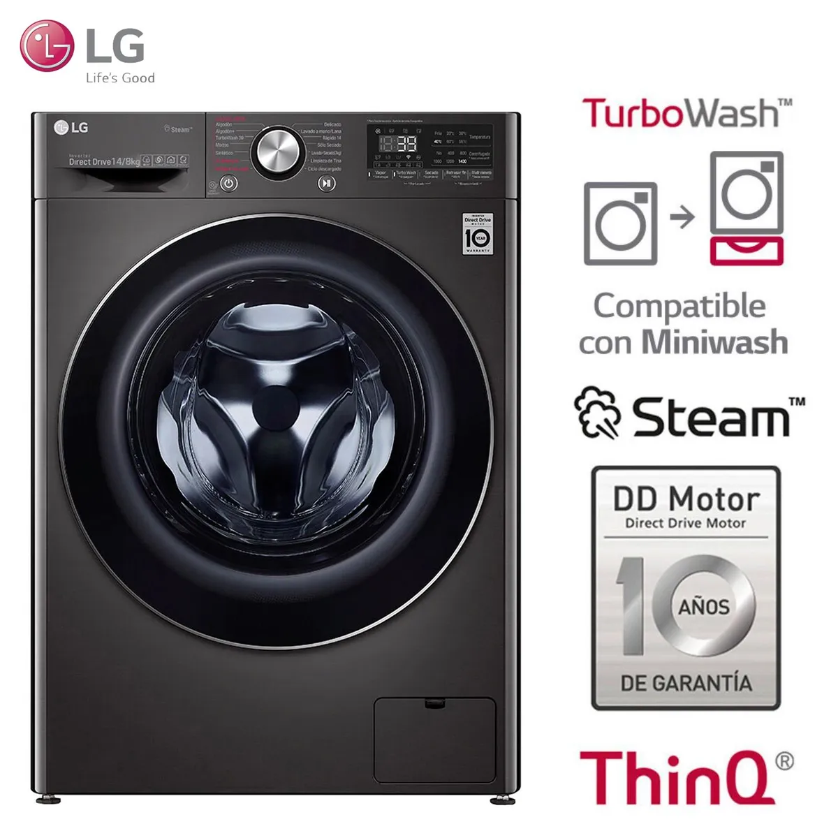 LG - Lavaseca LG 14/8Kg  Carga Frontal con AI DD Inteligencia Artificial WD14BVC2S6C Negro Acero