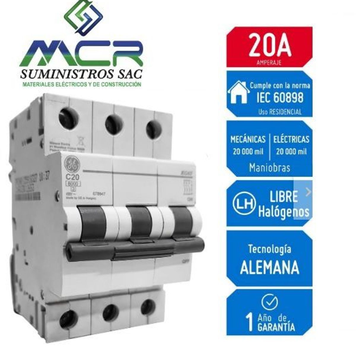 GENERAL ELECTRIC - INTERRUPTOR TERMOMAGNETICO RIEL DIN 3X20AMP 230V 6KA GENERAL ELECTRIC