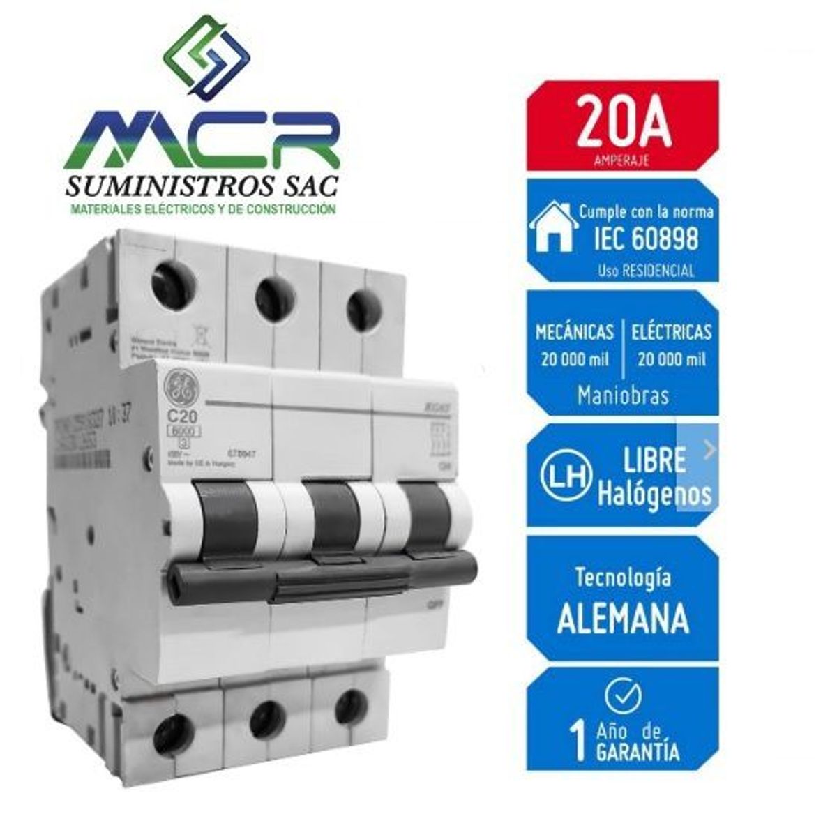 GENERAL ELECTRIC - INTERRUPTOR TERMOMAGNETICO RIEL DIN 3X20AMP 230V 6KA GENERAL ELECTRIC