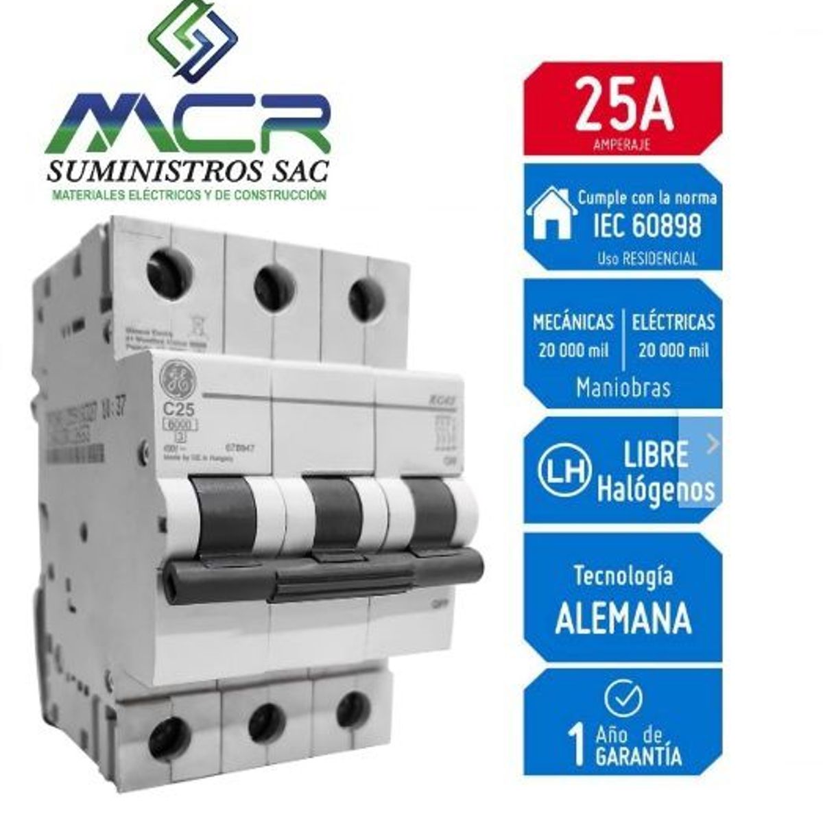 GENERAL ELECTRIC - INTERRUPTOR TERMOMAGNETICO RIEL DIN 3X25AMP 230V 6KA GENERAL ELECTRIC
