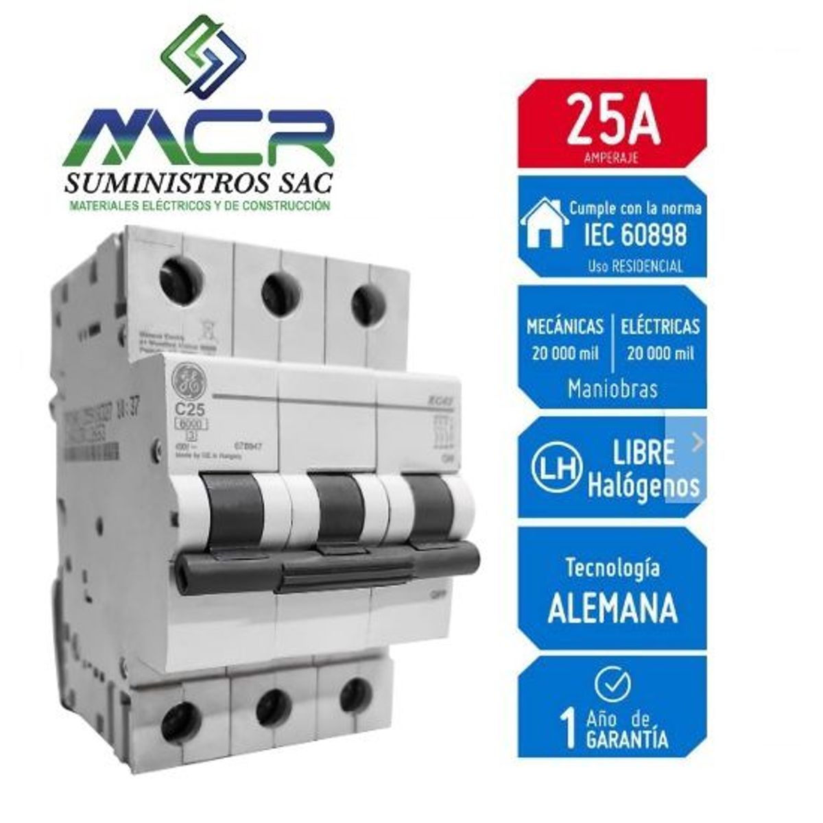 GENERAL ELECTRIC - INTERRUPTOR TERMOMAGNETICO RIEL DIN 3X25AMP 230V 6KA GENERAL ELECTRIC