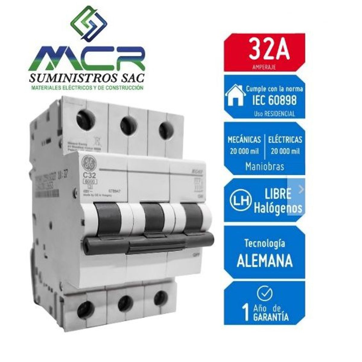 GENERAL ELECTRIC - INTERRUPTOR TERMOMAGNETICO RIEL DIN 3X32AMP 230V 6KA GENERAL ELECTRIC