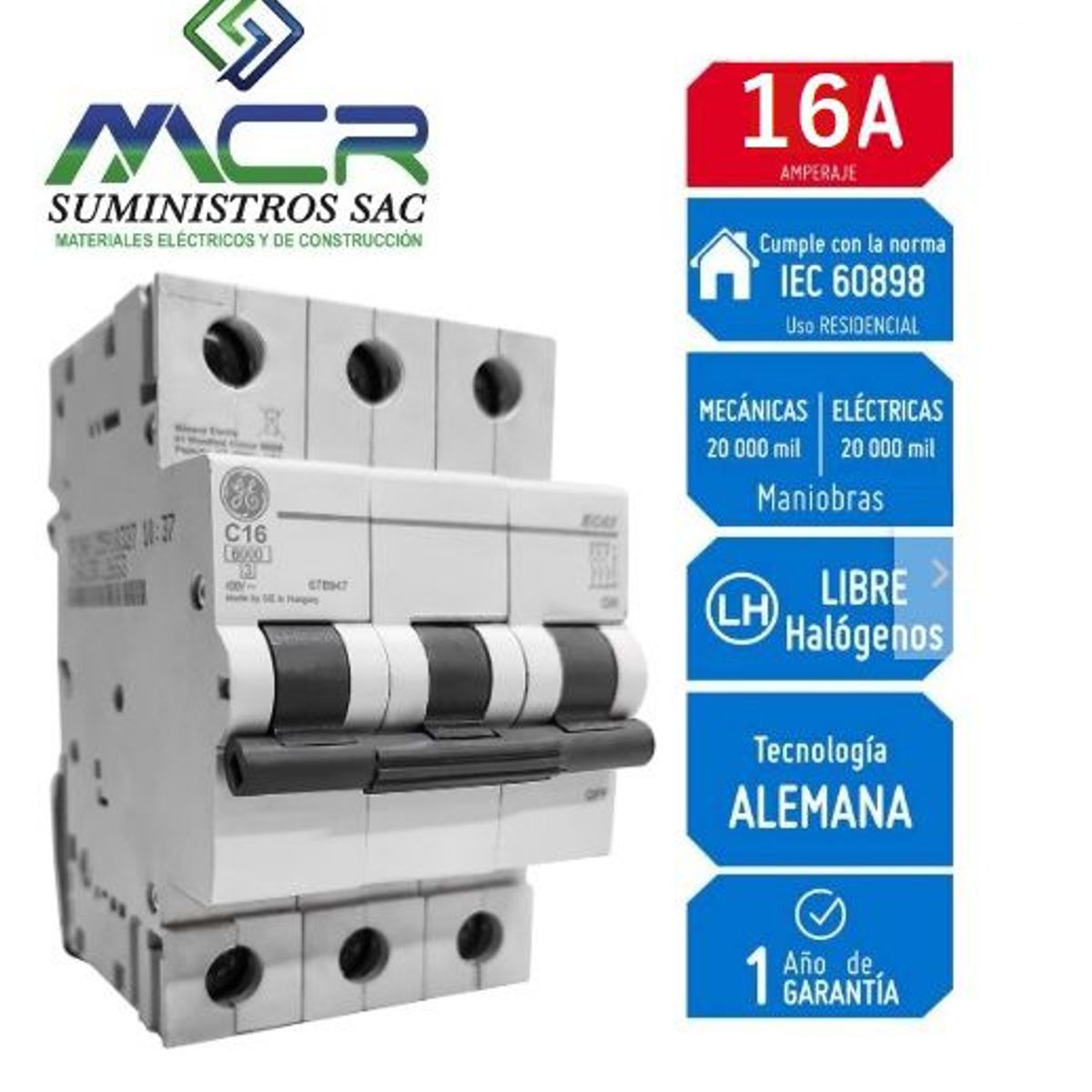 GENERAL ELECTRIC - INTERRUPTOR TERMOMAGNETICO RIEL DIN 3X16AMP 230V 6KA GENERAL ELECTRIC