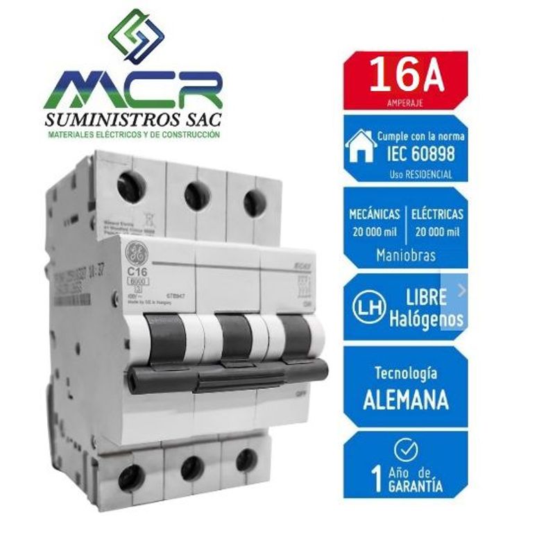 GENERAL ELECTRIC - INTERRUPTOR TERMOMAGNETICO RIEL DIN 3X16AMP 230V 6KA GENERAL ELECTRIC