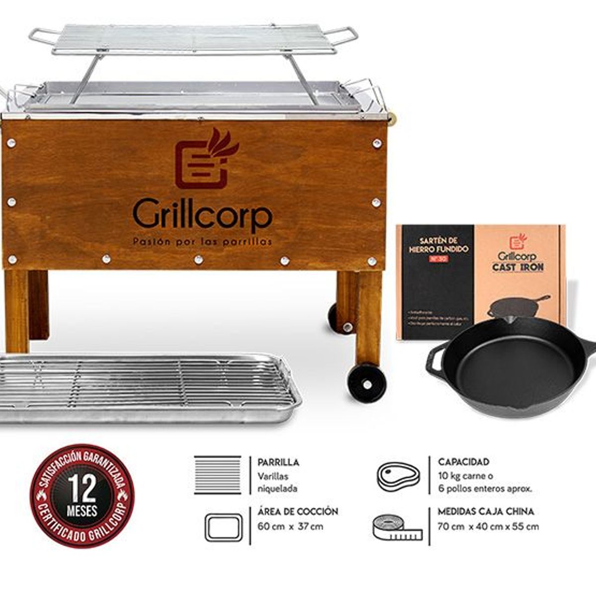 GRILLCORP - Caja China Mediana  Varillas Inoxidable  Sarten N30