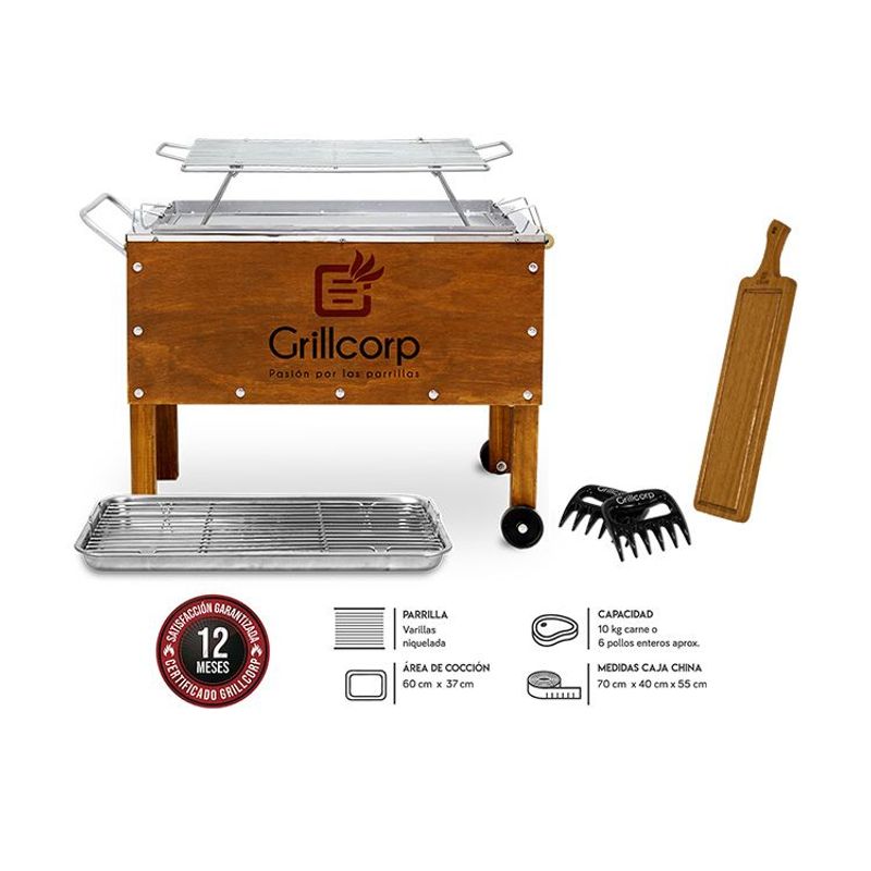 GRILLCORP - Caja China Mediana  Varillas Inoxidable  Tabla Mediana  Garras