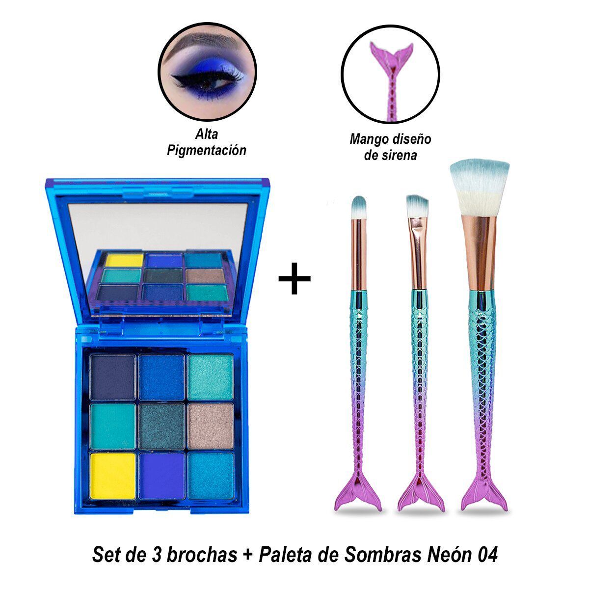 GENERICO - Set de 3 brochas + Paleta de Sombras Neón 04