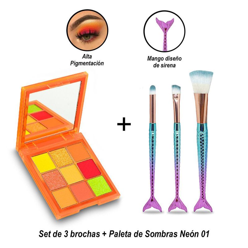 GENERICO - Set de 3 brochas + Paleta de Sombras Neón 01