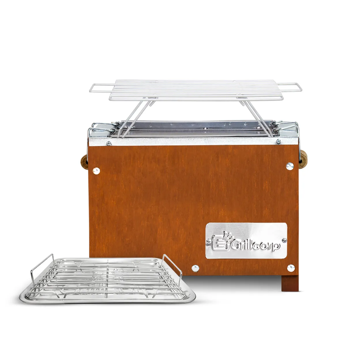 GRILLCORP - Caja China Mini Caoba Premium Parrilla de Varillas Niqueladas