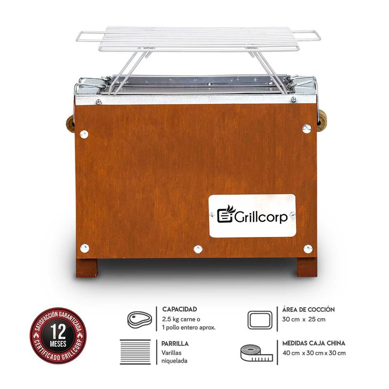 GRILLCORP - Caja China Mini Caoba  Parrilla de Varillas Niqueladas