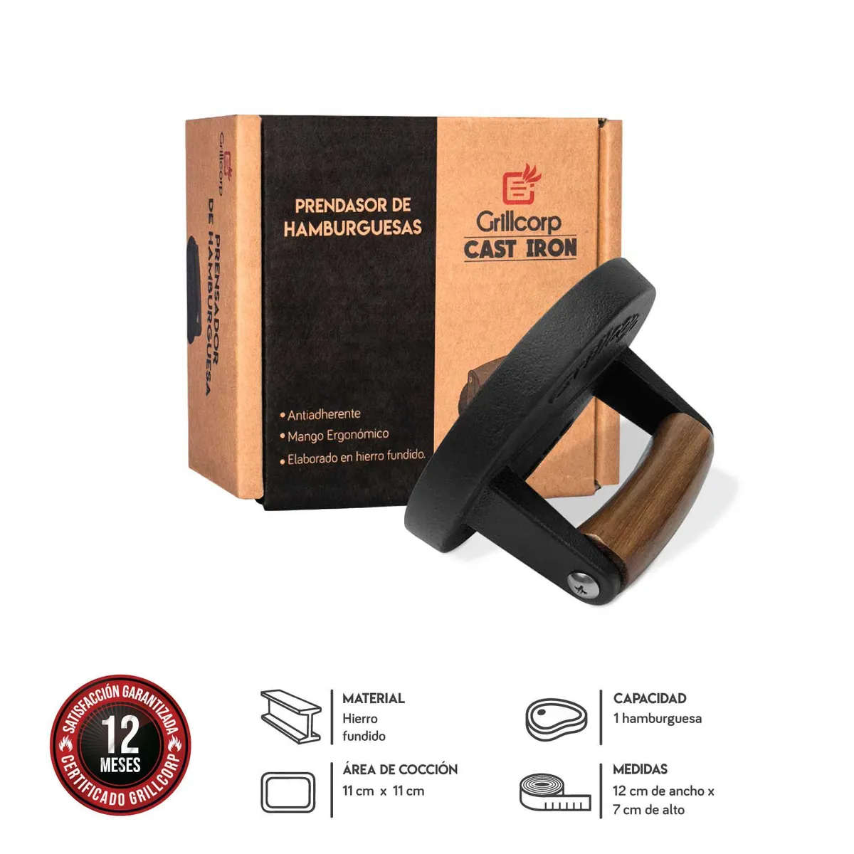GRILLCORP - Prensador de Hamburguesa Hierro Fundido