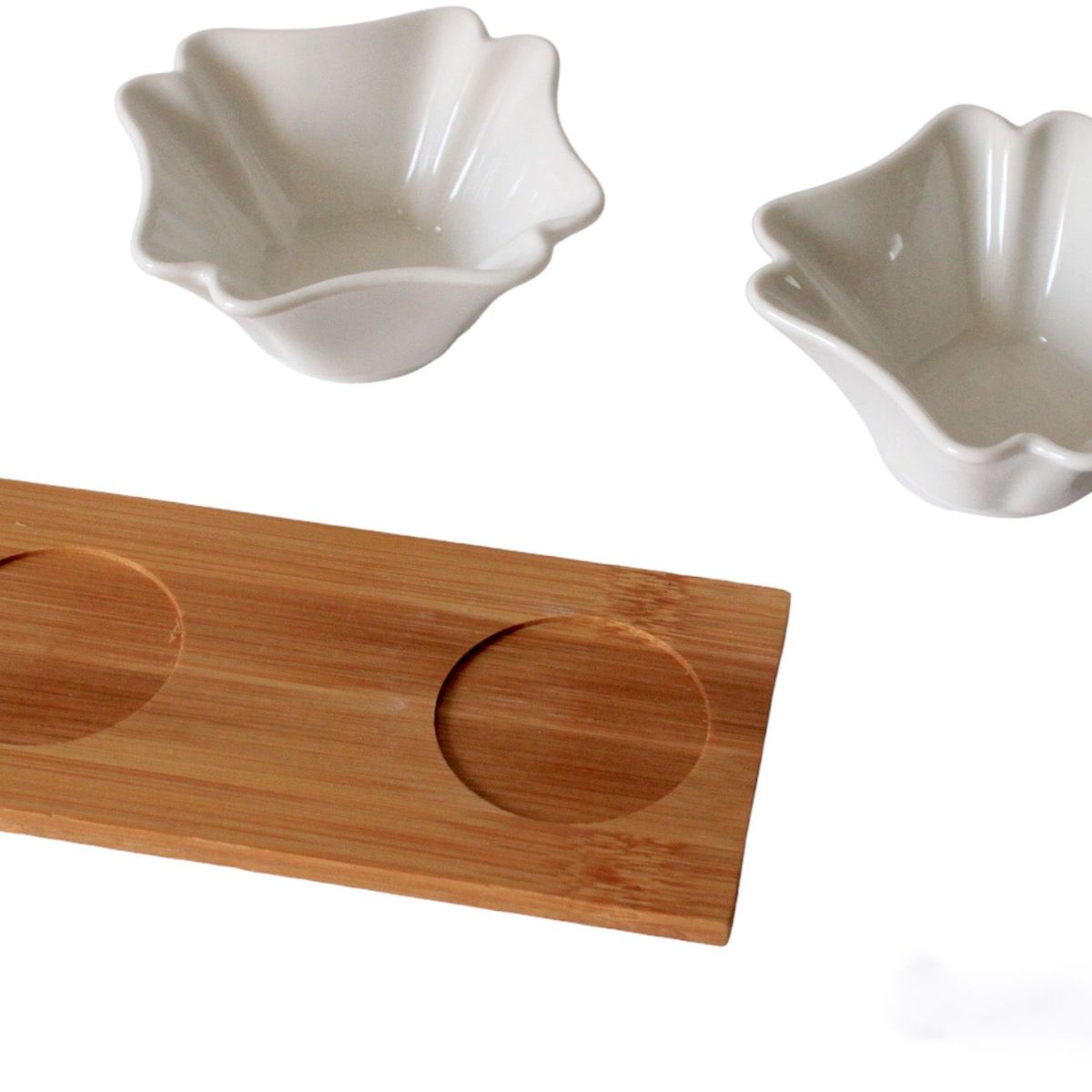 GENERICO - Set 3 pz Salsera Cremera Bowls de loza ovalado con Base madera 380g