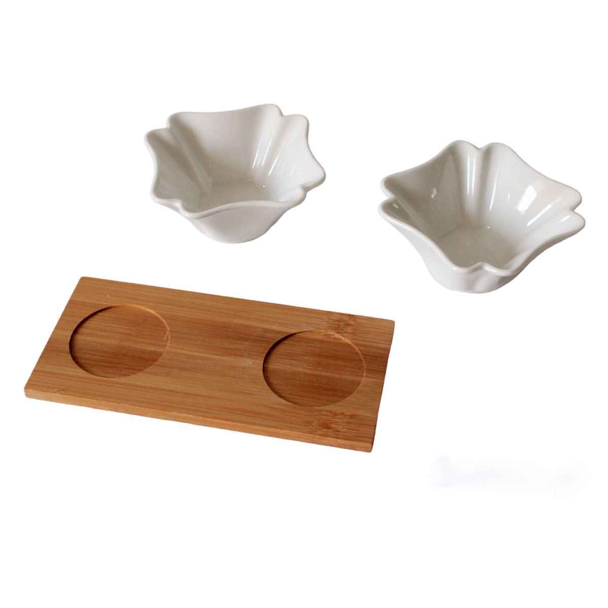 GENERICO - Set 3 pz Salsera Cremera Bowls de loza ovalado con Base madera 380g