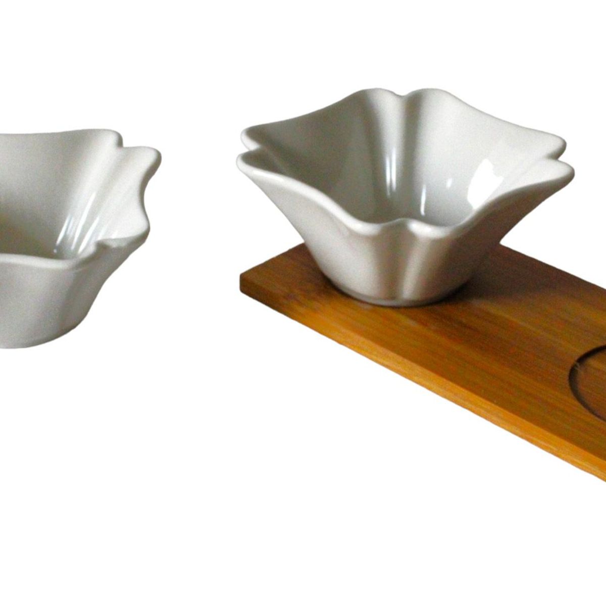 GENERICO - Set 3 pz Salsera Cremera Bowls de loza ovalado con Base madera 380g