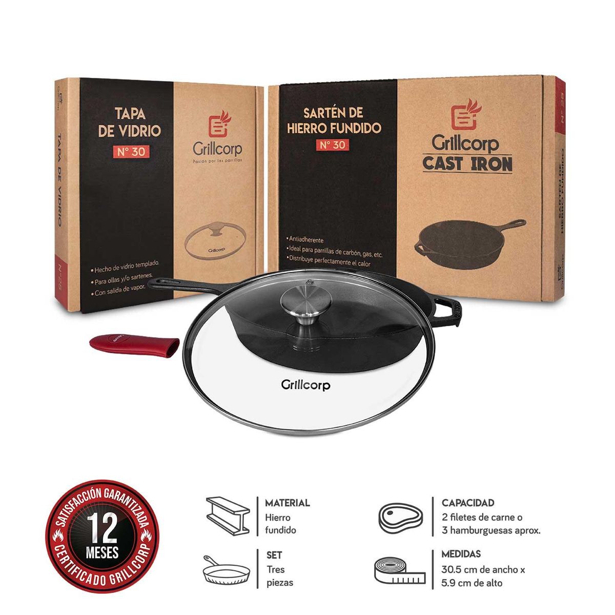 GRILLCORP - Sartén N°30HF  Tapa de Vidrio Templado  Mango de Goma