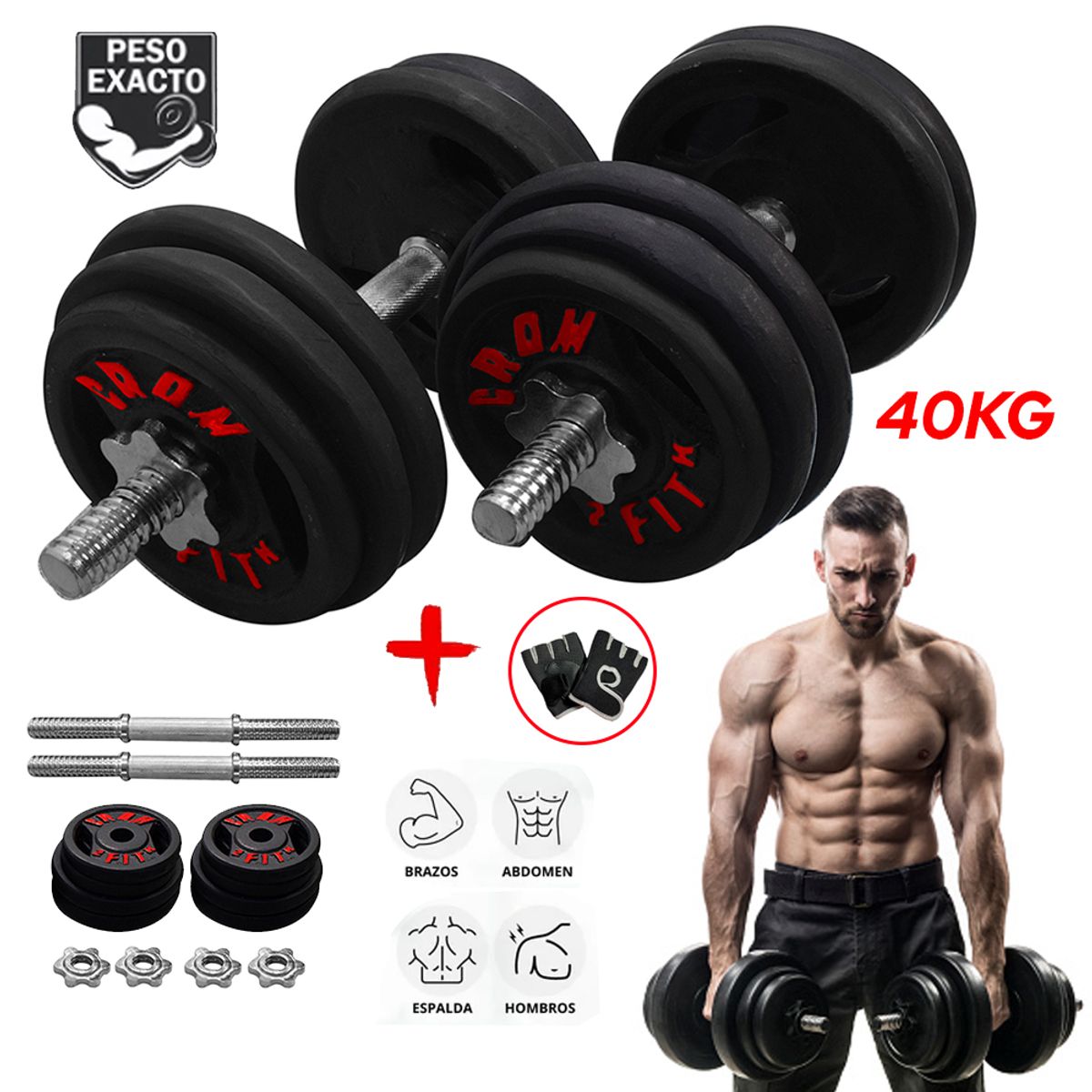 HOLGU - Set de Pesas armable 40kg - 2 Discos de 5kg, 2 Discos de 3kg, 2 Discos de 2kg + Mancuernas Cromadas + Guantes Gratis
