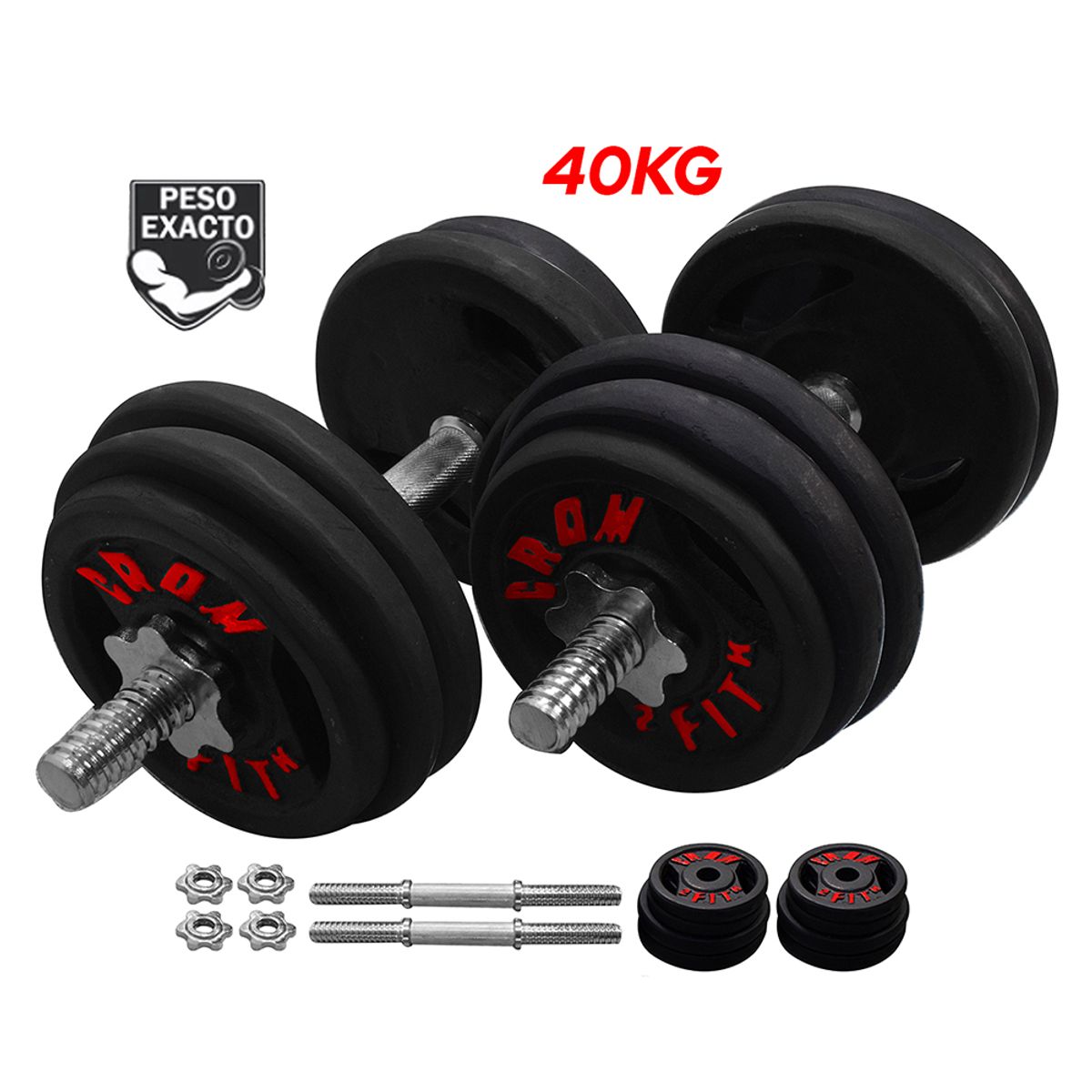 HOLGU - Set de Pesas armable 40kg - 2 Discos de 5kg, 2 Discos de 3kg, 2 Discos de 2kg + Mancuernas Cromadas + Guantes Gratis