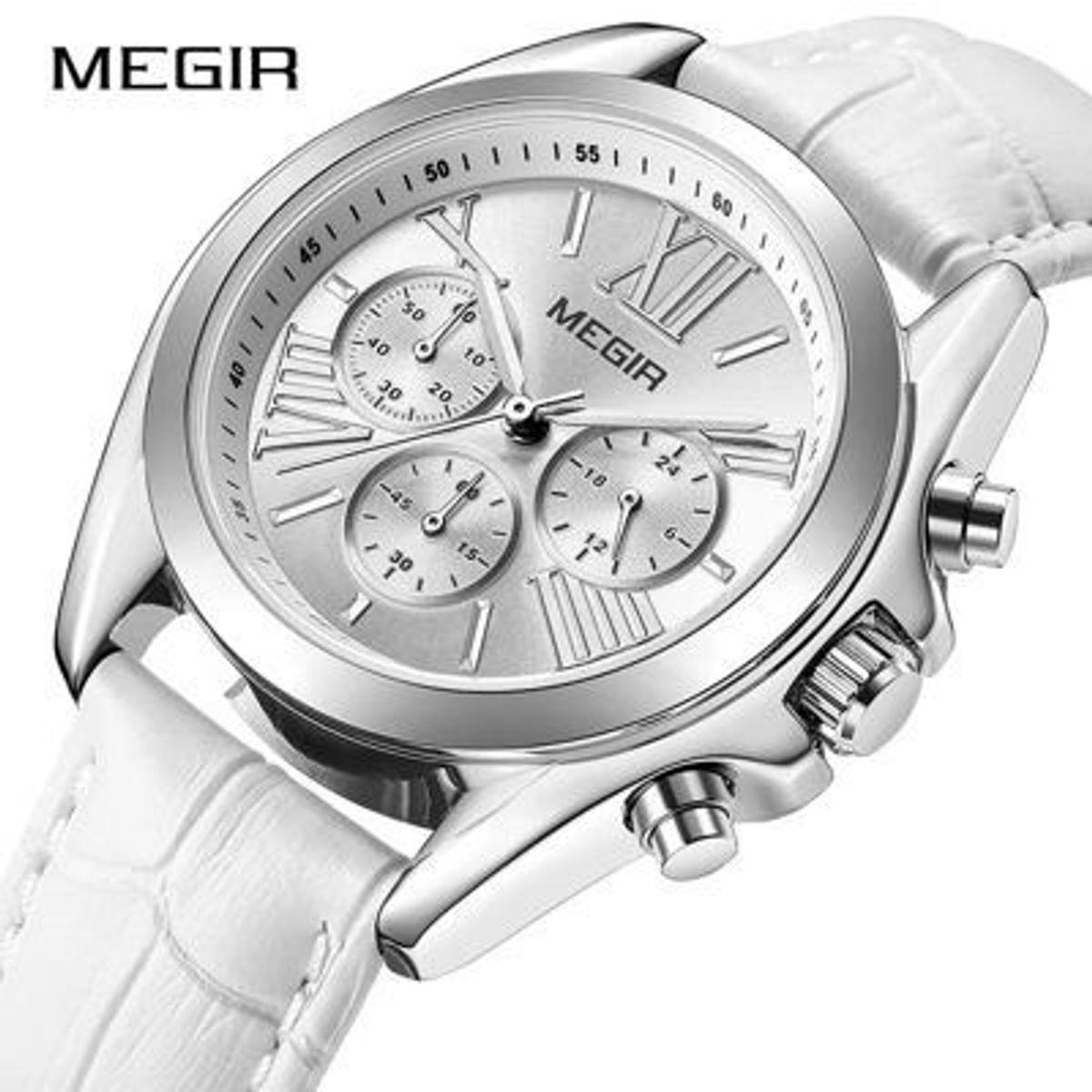 MEGIR - Reloj Megir Acero Plateado y Cuero Blanco MEG-M-3