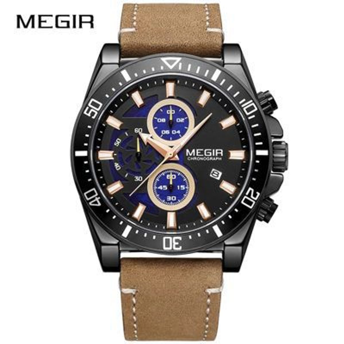 MEGIR - Reloj Megir Acero Negro y Cuero Marrón MEG-58