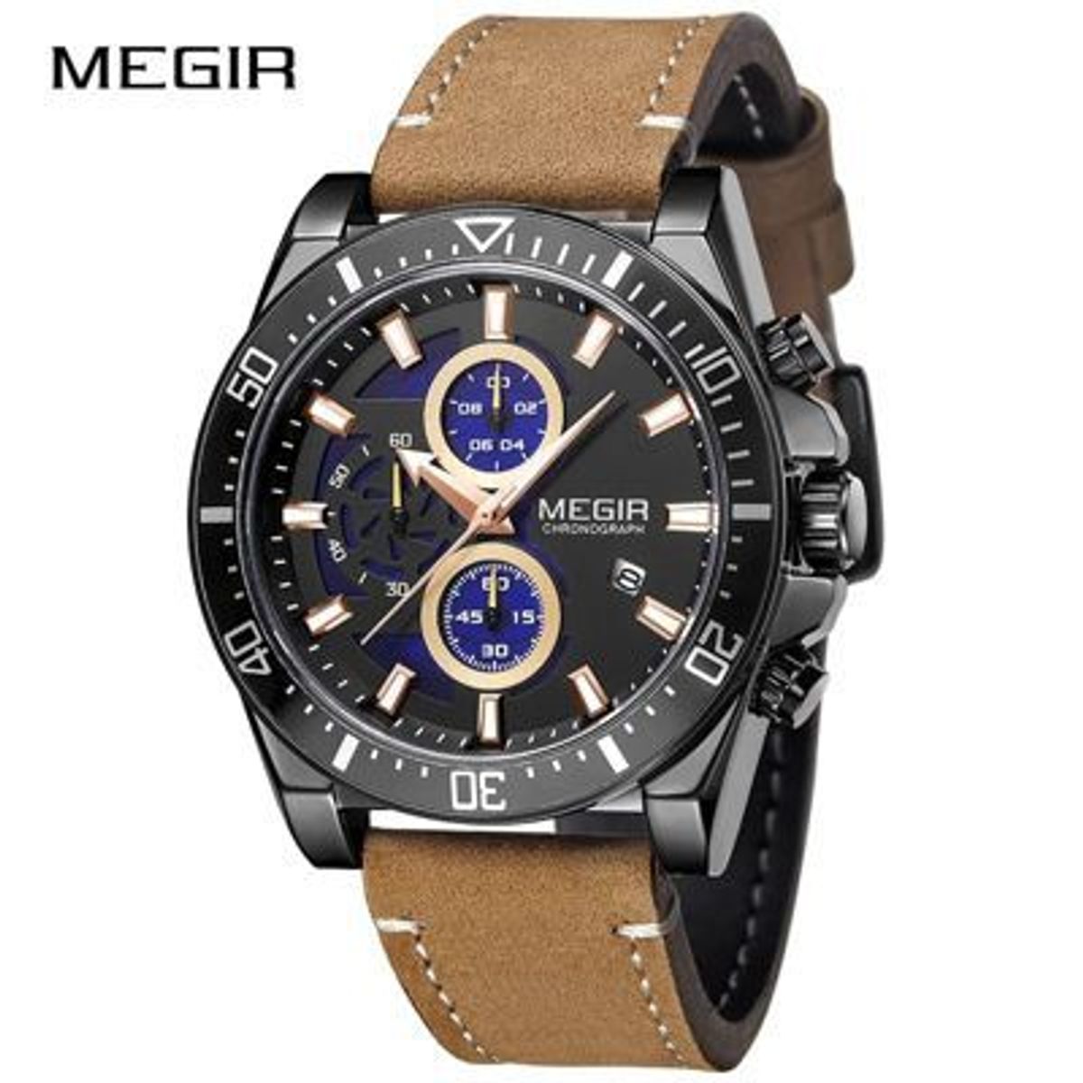 MEGIR - Reloj Megir Acero Negro y Cuero Marrón MEG-58