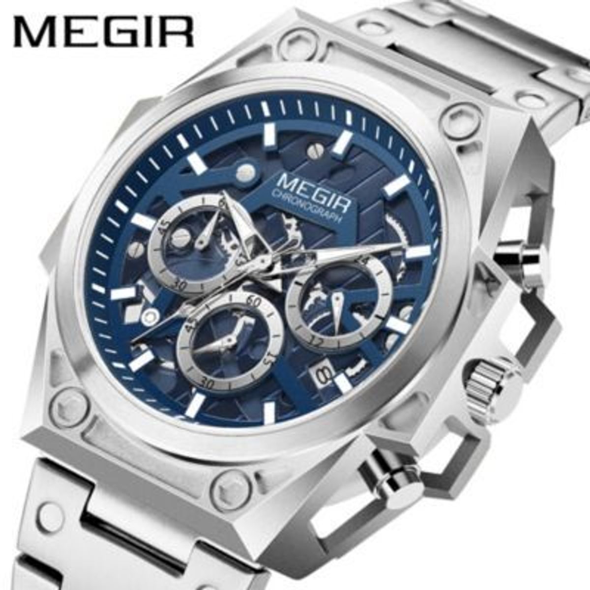 MEGIR - Reloj Megir Acero Plateado y Azul MEG-56