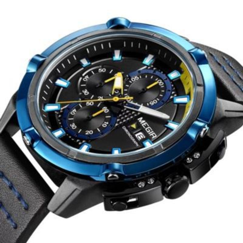 MEGIR - Reloj Megir Acero Negro Azul y Cuero Negro MEG-40
