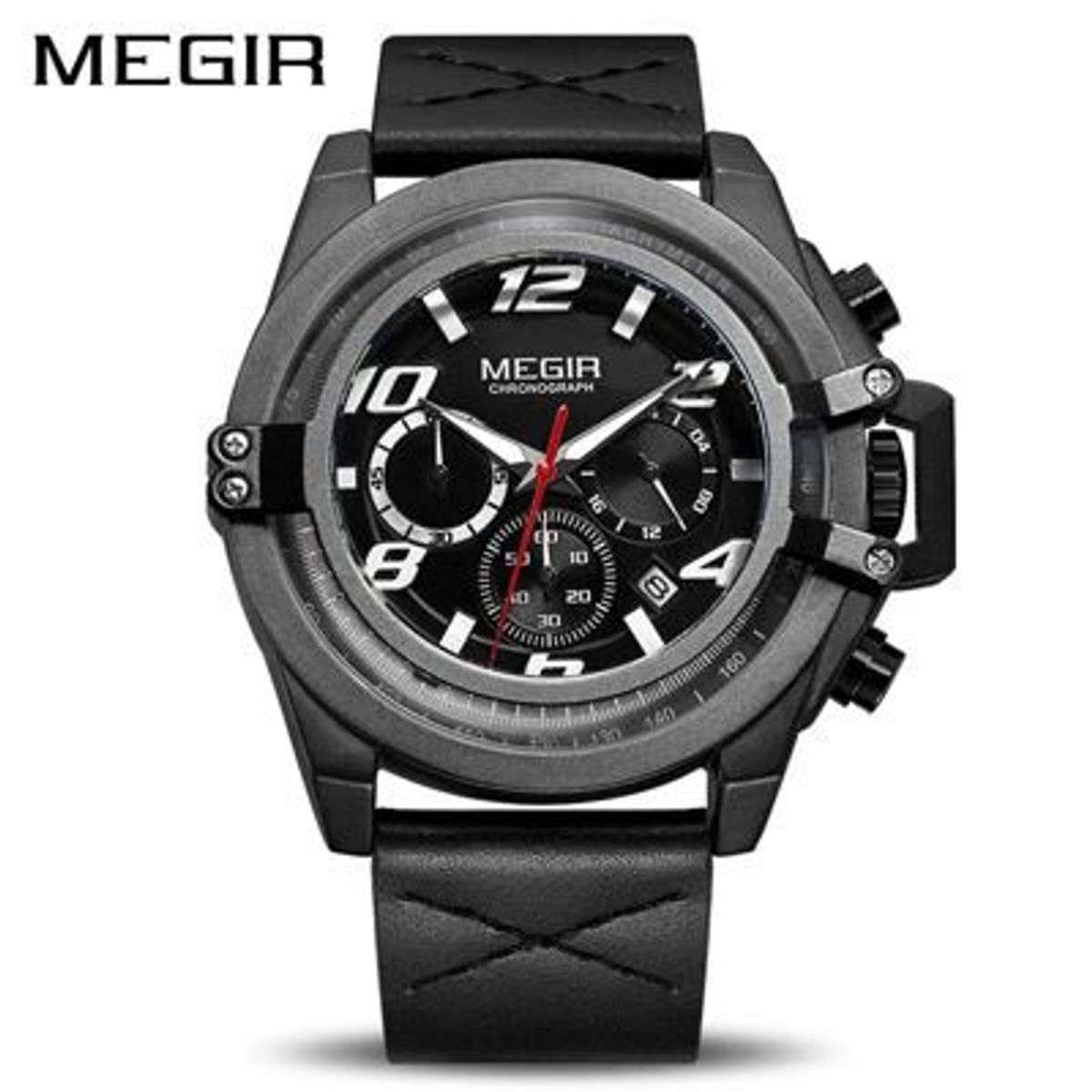 MEGIR - Reloj Megir Acero Negro y Cuero Negro MEG-42