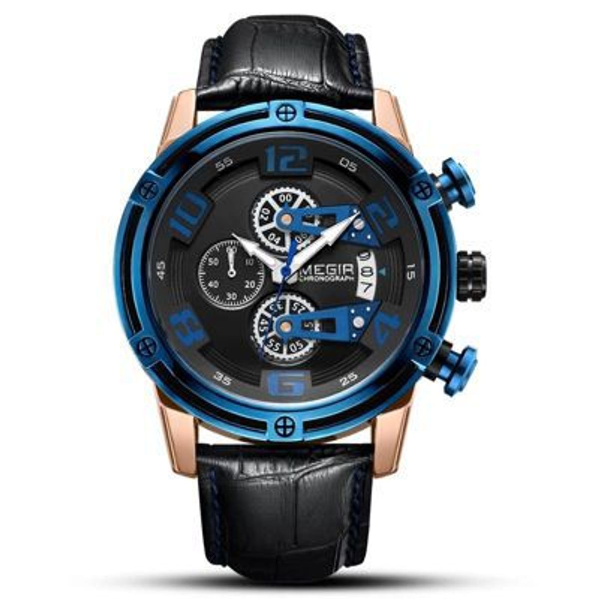 MEGIR - Reloj Megir Acero Oro Rosa Azul y Cuero Negro MEG-39