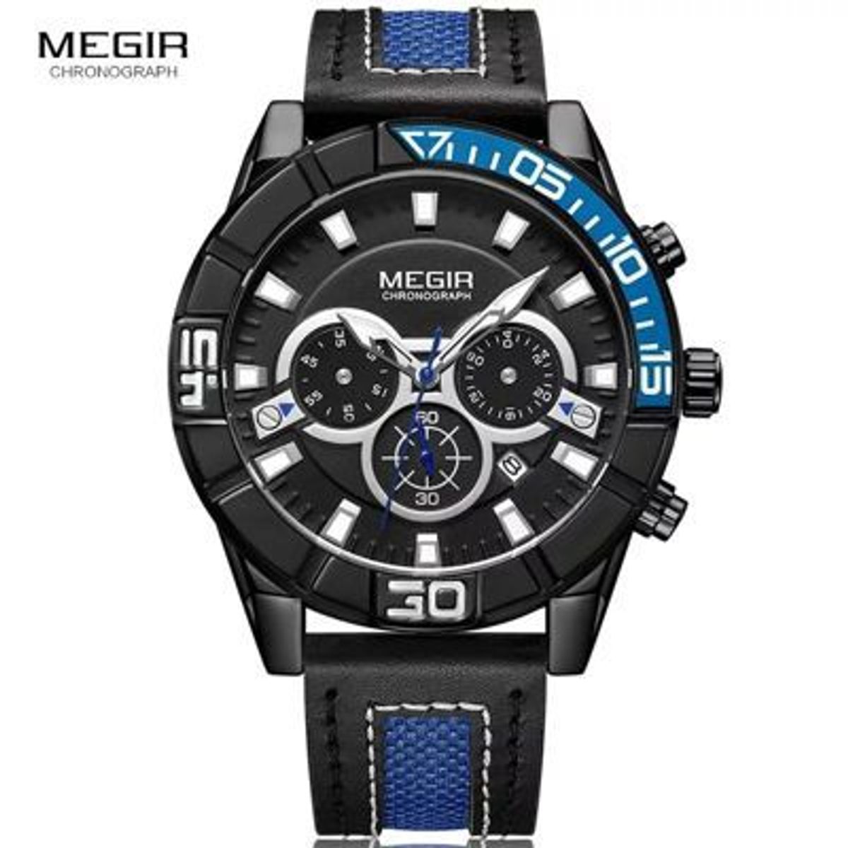 MEGIR - Reloj Megir Acero Negro y Cuero Negro Azul MEG-31
