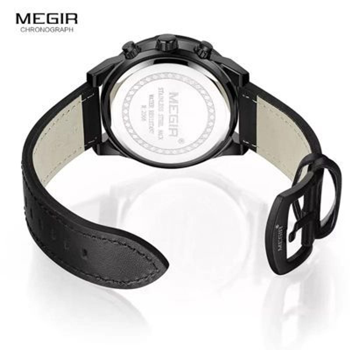 MEGIR - Reloj Megir Acero Negro y Cuero Negro Azul MEG-31