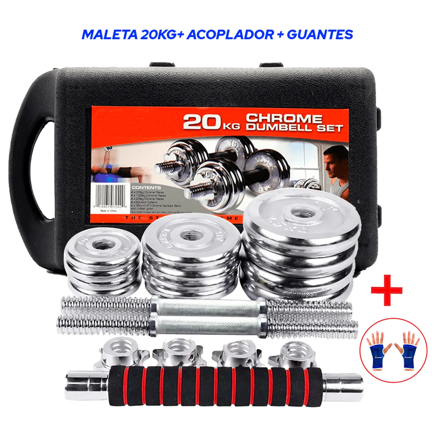 Set Mancuernas Pesas 20kg Cromadas Barra de Acople Guantes