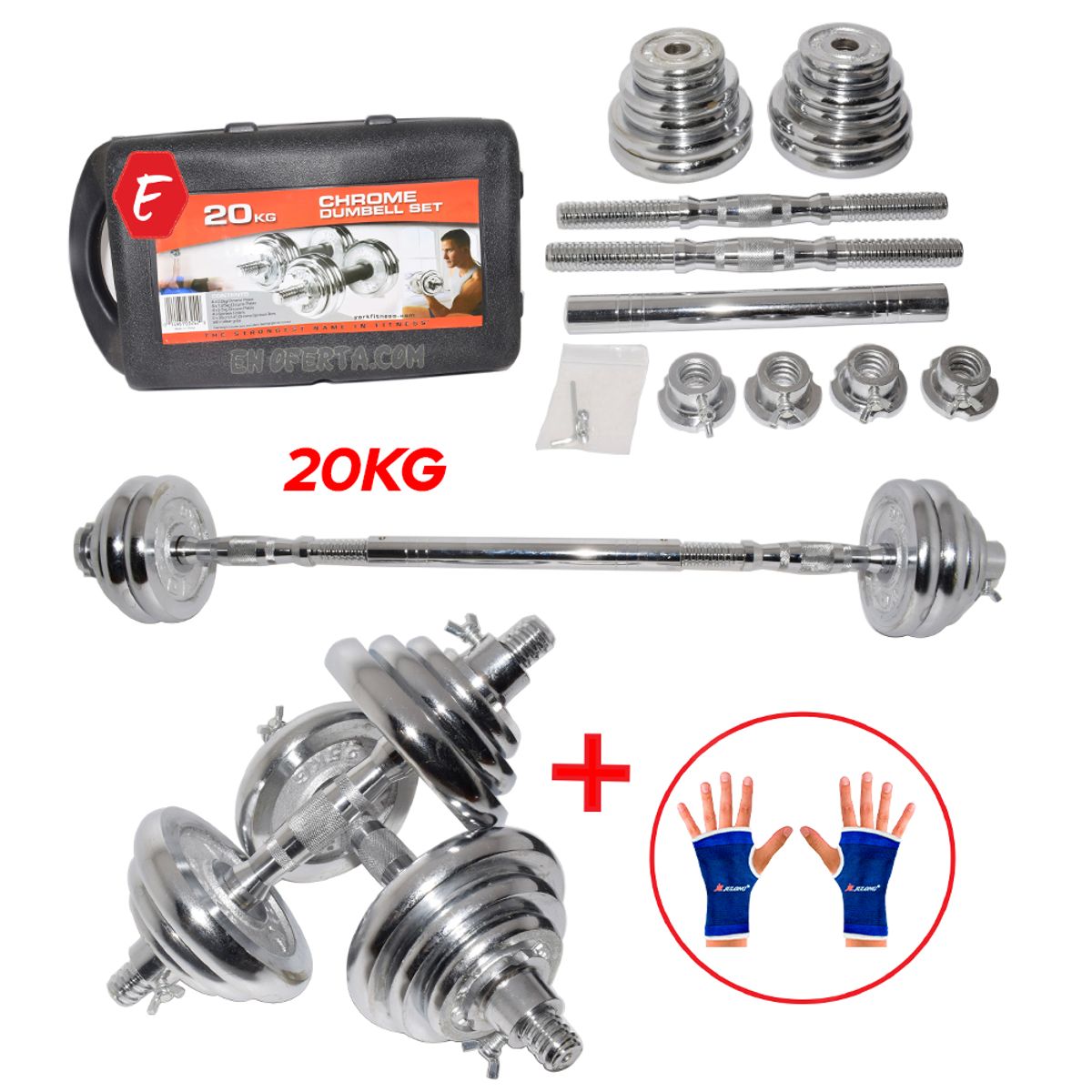 GENERICO - Set Mancuernas Pesas 20kg - Cromadas Barra de Acople Guantes