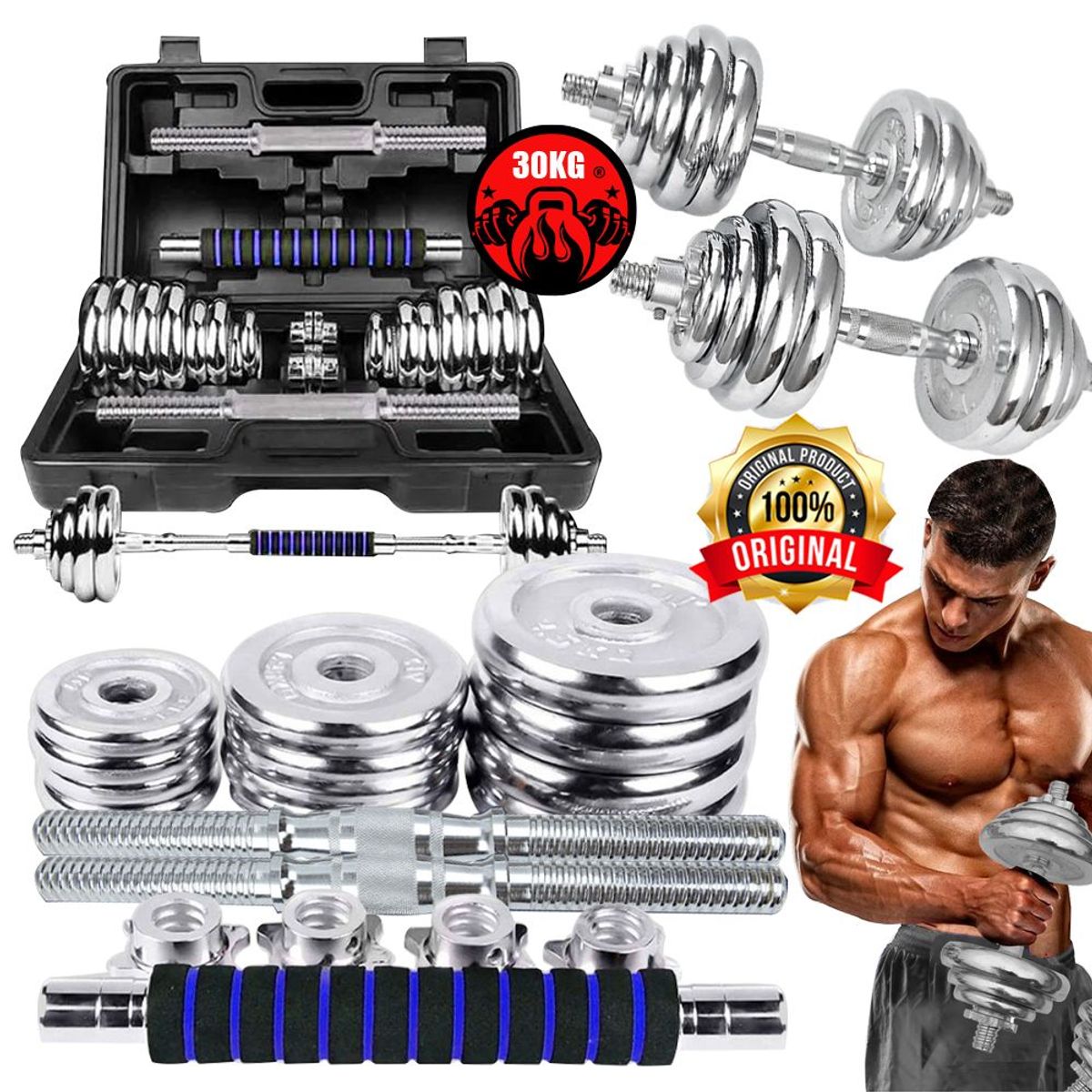 GENERICO - Set De Pesas 30 Kg  Cromado Barra De Acople + Guantes