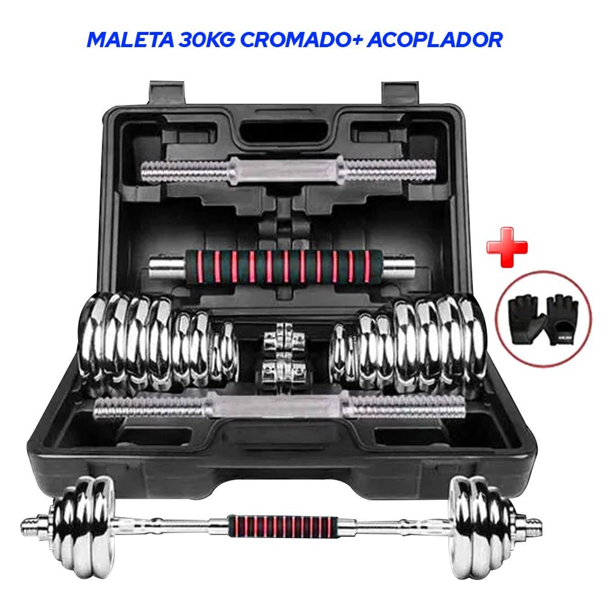 GENERICO - Set De Pesas 30 Kg  Cromado Barra De Acople + Guantes