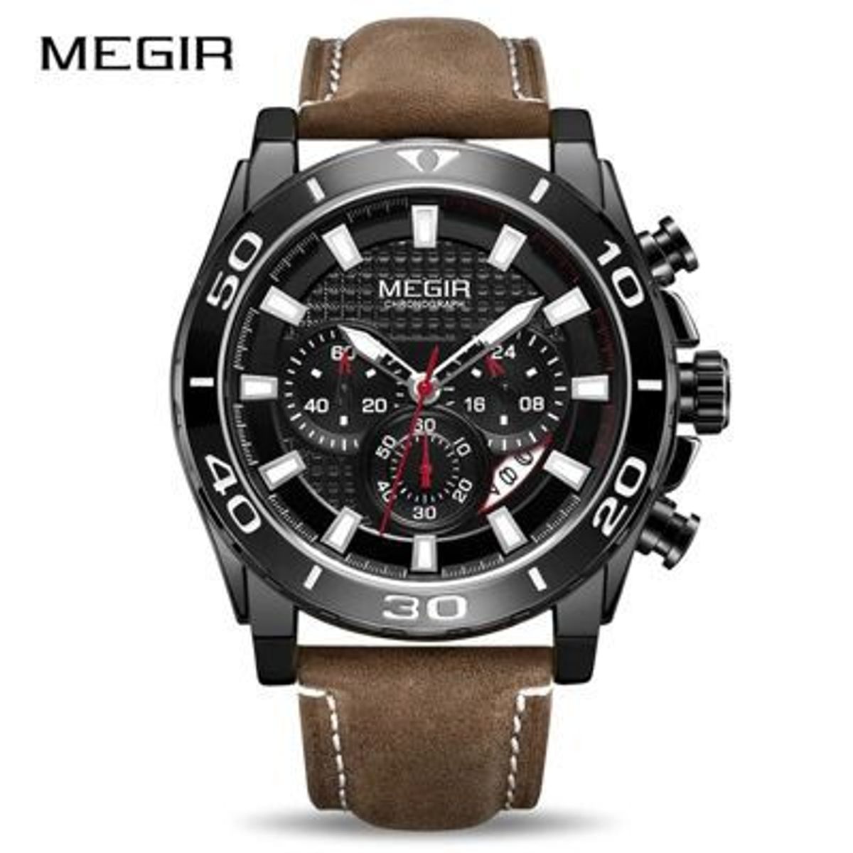 MEGIR - Reloj Megir Acero Negro y Cuero Marrón MEG-29