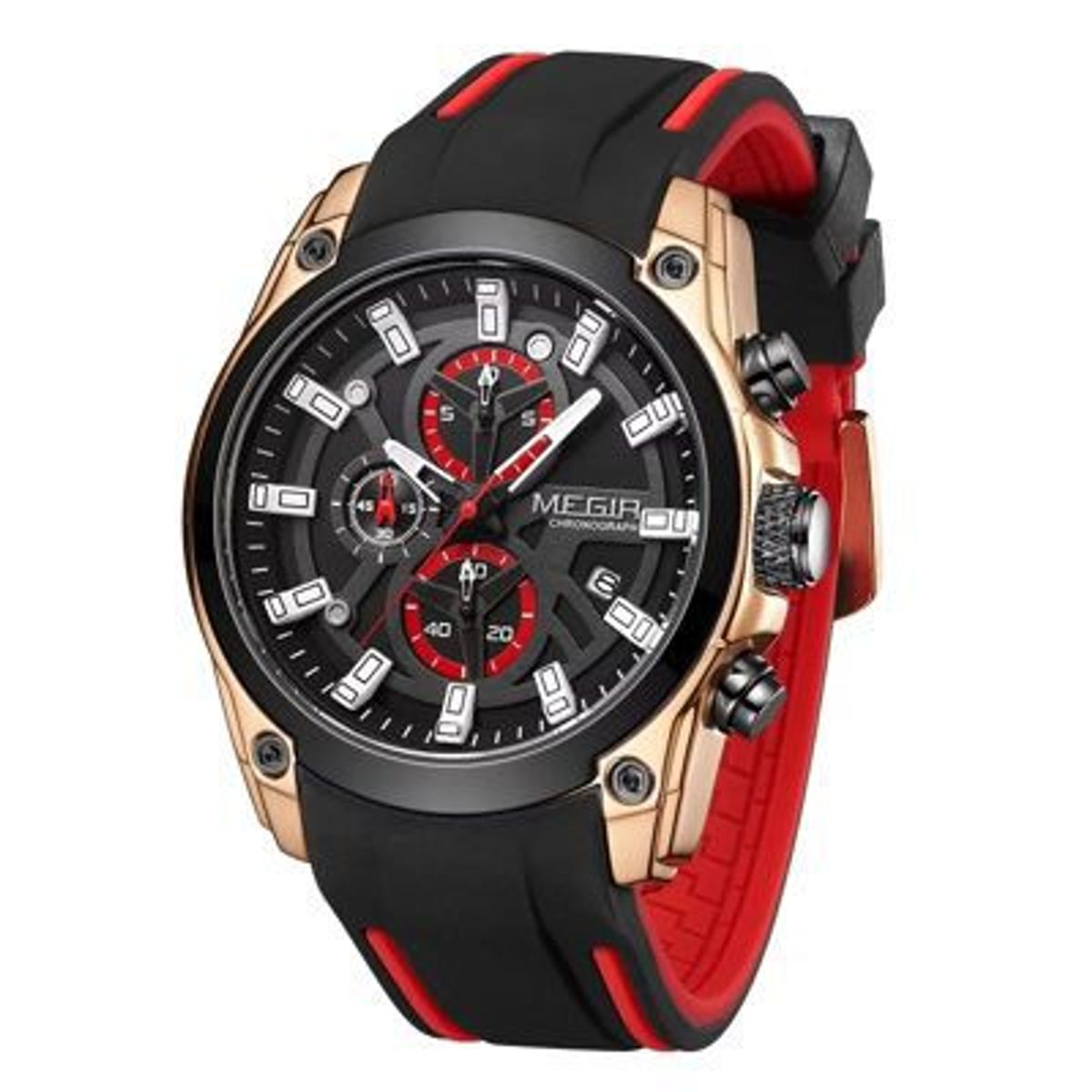 MEGIR - Reloj Megir Acero Oro Rosa Negro y Silicona Negro Rojo MEG-2
