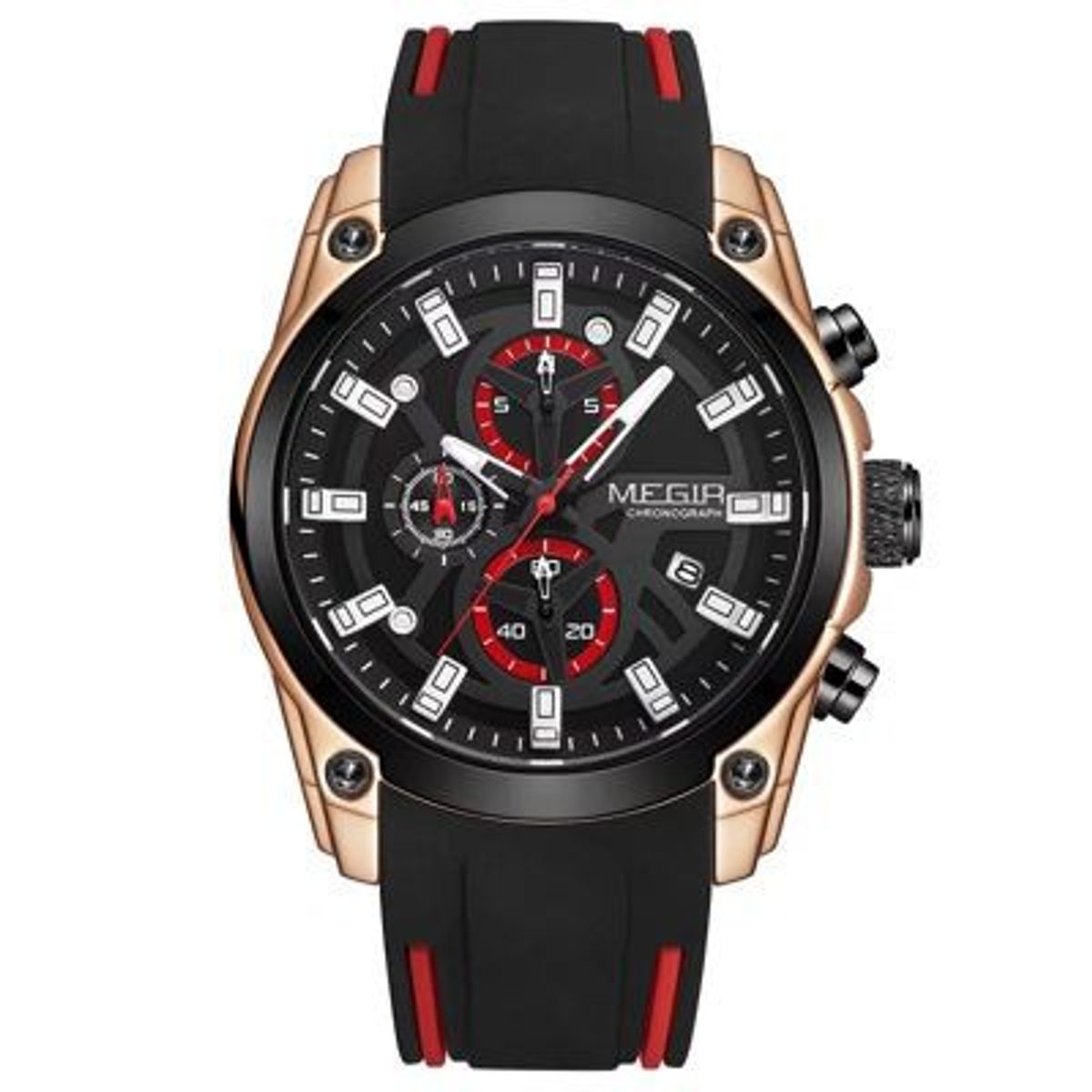 MEGIR - Reloj Megir Acero Oro Rosa Negro y Silicona Negro Rojo MEG-2
