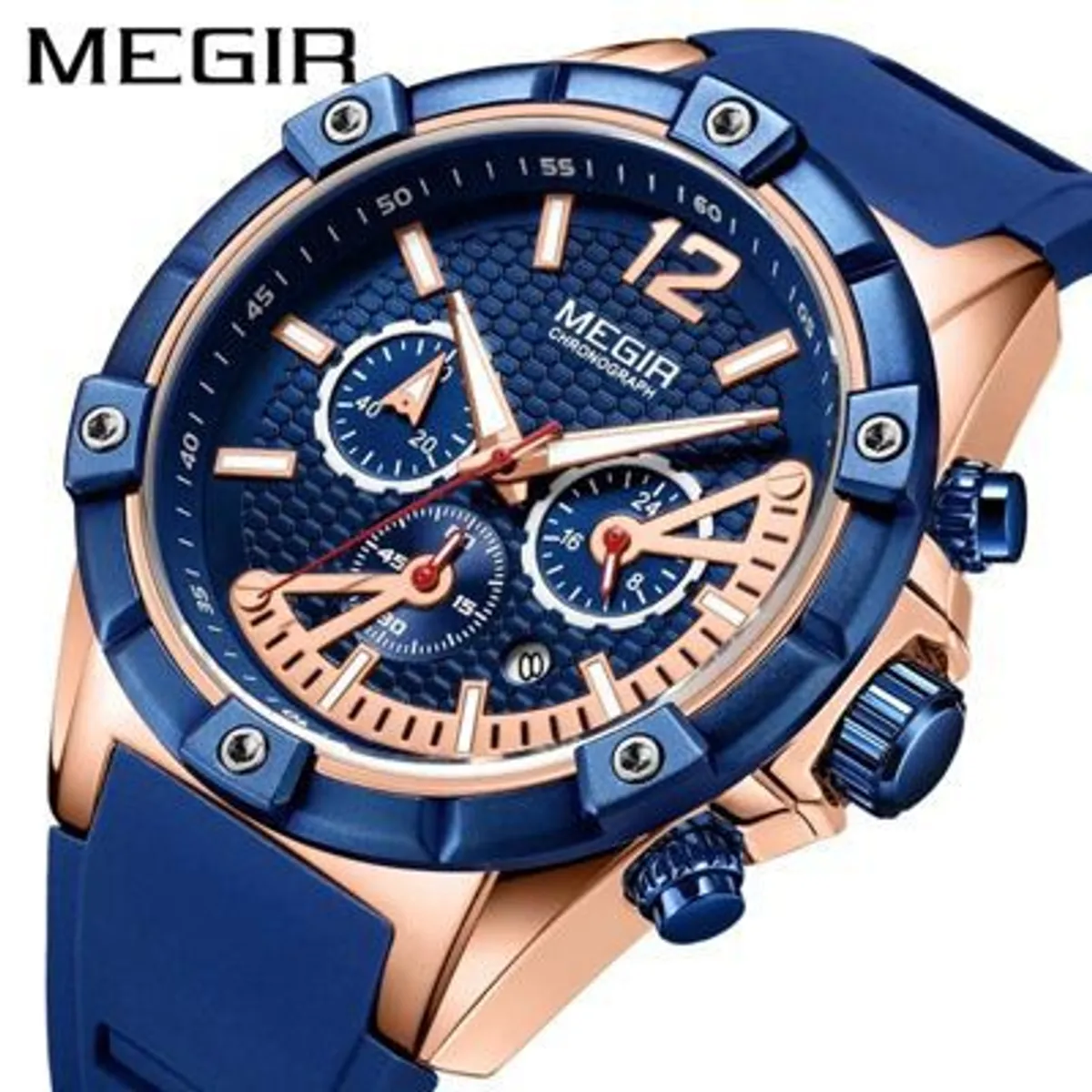 MEGIR - Reloj Megir Acero Oro Rosa Azul y Silicona Azul MEG-7