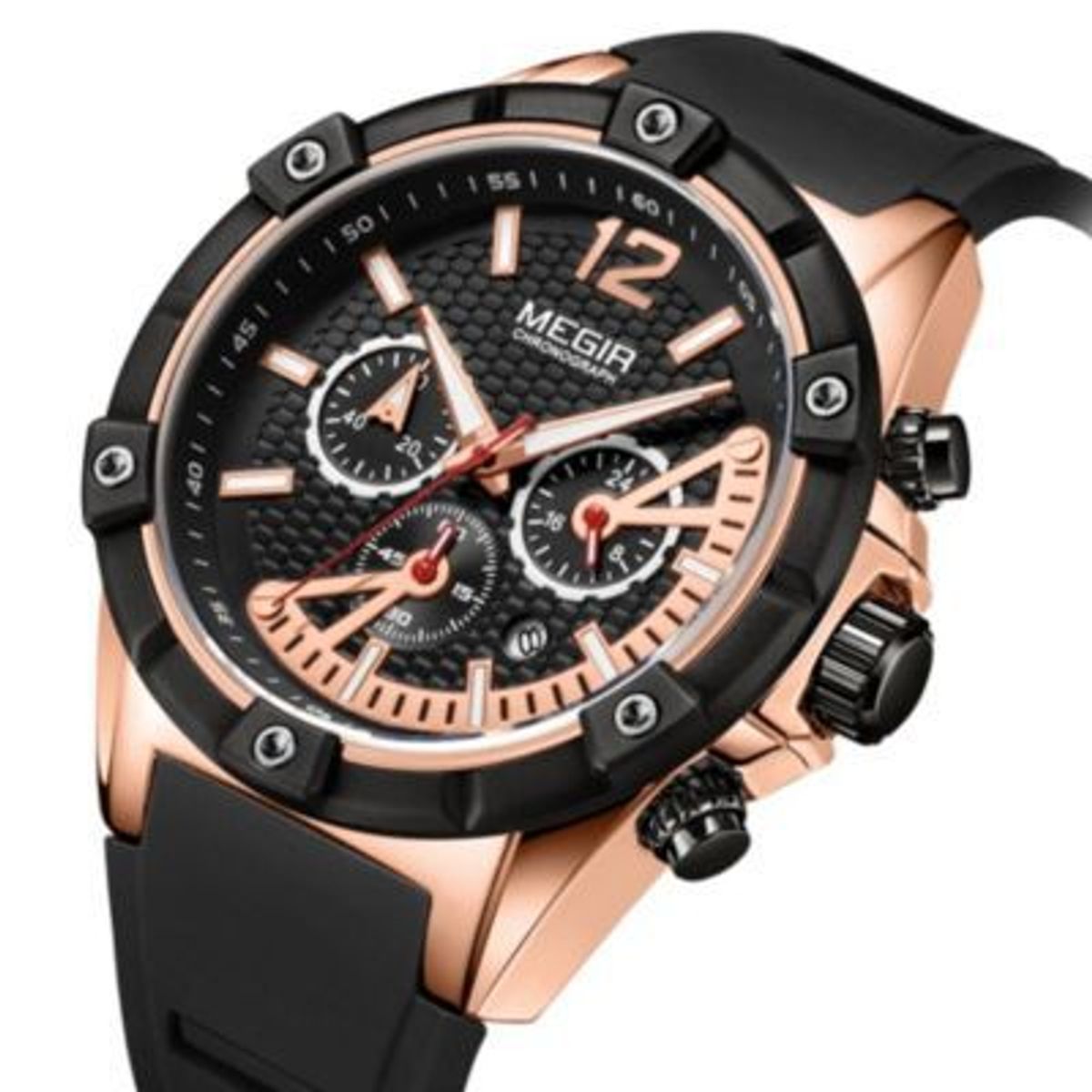 MEGIR - Reloj Megir Acero Oro Rosa Negro y Silicona Negro MEG-8