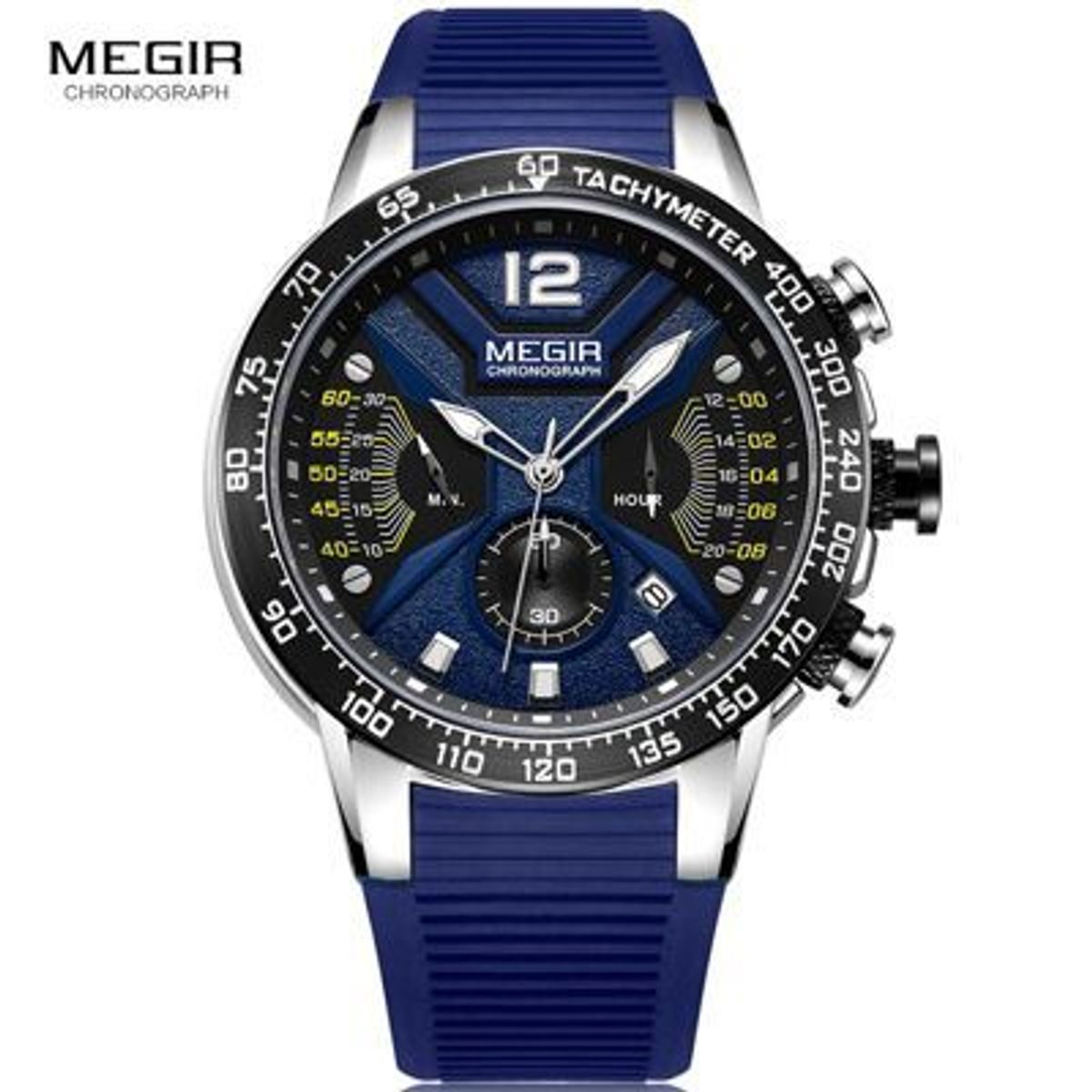 MEGIR - Reloj Megir Acero Plateado Negro y Silicona Azul MEG-12