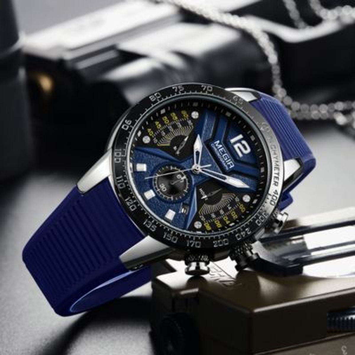 MEGIR - Reloj Megir Acero Plateado Negro y Silicona Azul MEG-12