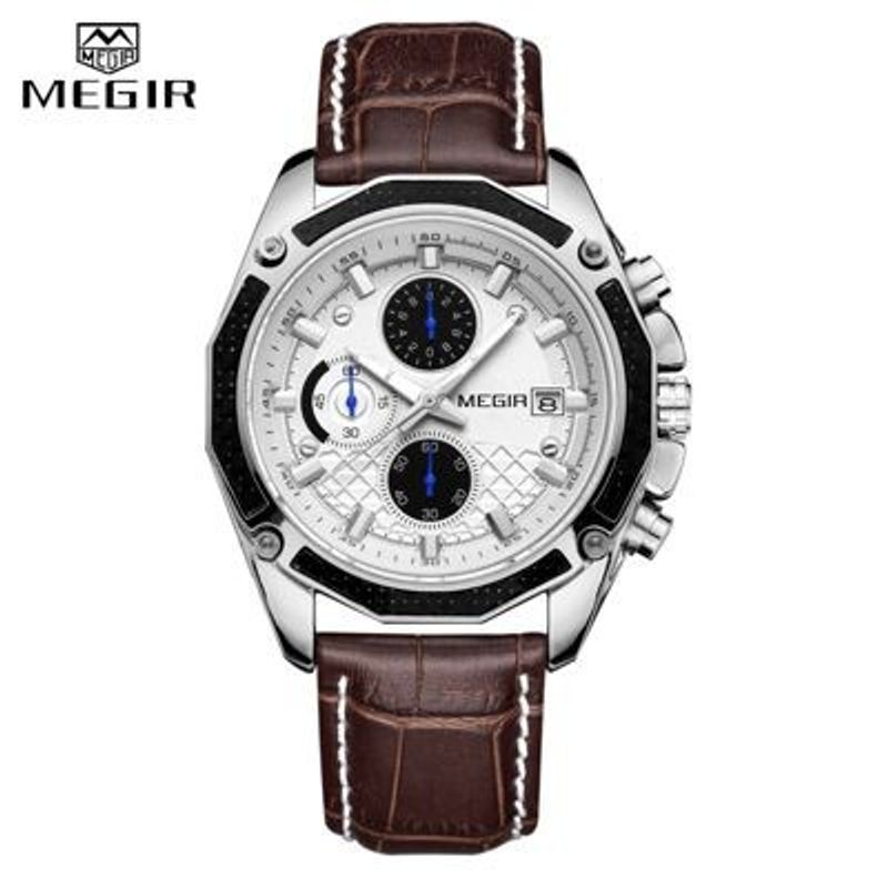 MEGIR - Reloj Megir Acero Plateado y Cuero Marrón MEG-23