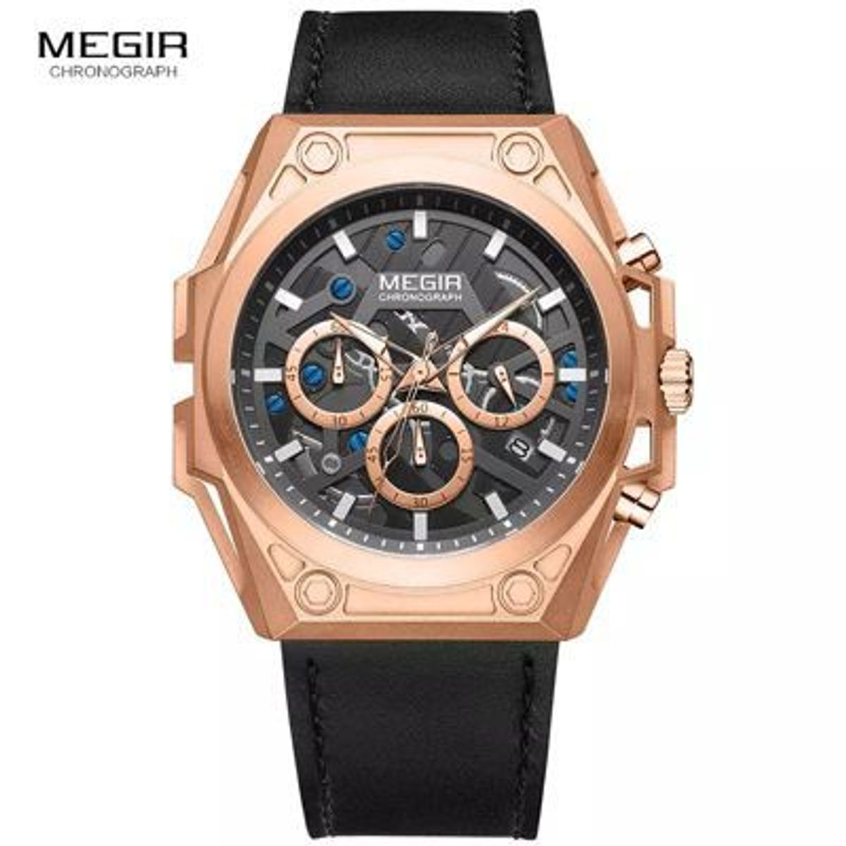 MEGIR - Reloj Megir Acero Oro Rosa y Cuero Negro MEG-21