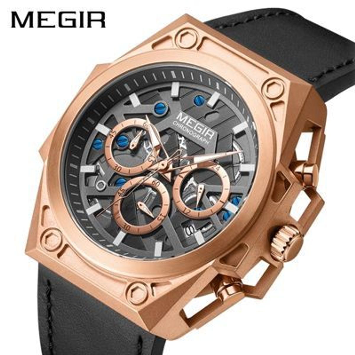 MEGIR - Reloj Megir Acero Oro Rosa y Cuero Negro MEG-21